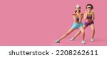 Young women doing aerobics on pink background with space for text