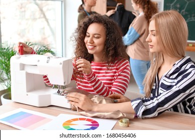 Young Women During Tailor's Class In Atelier