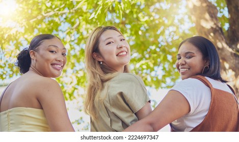 Young Women, Friends And Smile In Park Portrait Together In Diversity, Happy And Summer By Trees. Group, Woman And Happiness In Freedom On Vacation, Holiday Or Walking In Nature By Tree In Sunshine