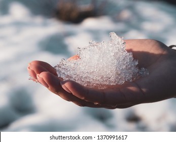 A young women hands holding melting snow sparkling in the sun; transparent cristals of water in the hands; sunny spring weather, cristal clear ice; new season in nature - Powered by Shutterstock