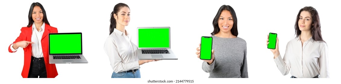 Young Women Holding A Laptop And A Smartphone. Green Screen, Chroma Key, Laptop Template, Smartphone Template. Set Of 4 Images.