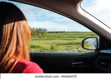 Young Women Look Through Car Window And See Pond Of Lotus Outside 