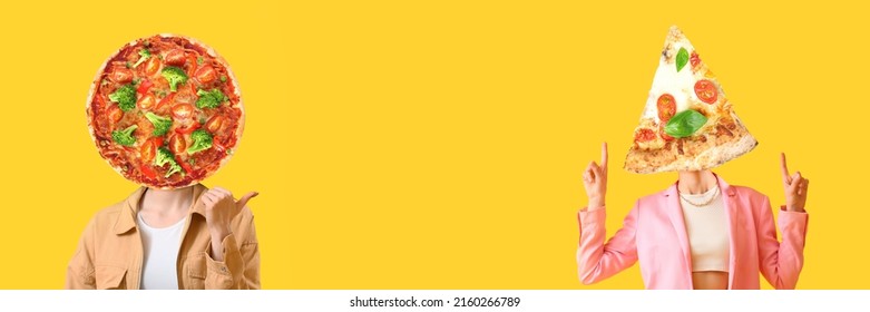 Young women with pizza instead of their heads on yellow background with space for text