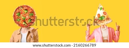 Young women with pizza instead of their heads on yellow background with space for text