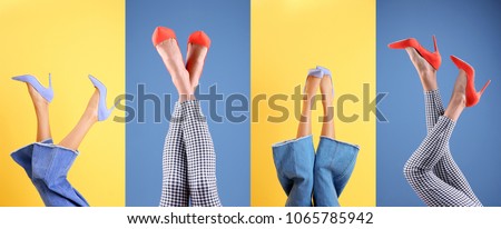 Young women in stylish shoes on color background