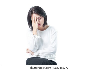 Young women white shirt, Asian woman short hair sit down and thinking serious hand near the face, with clipping path. - Powered by Shutterstock