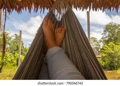 A Young Women's Feet In A Hammock With A POV Perspective. 