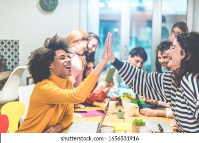 Young Work Team Celebrating For New Startup In Creative Office - Happy Co-workers Giving Strength Motivation - Focus On Hands - Co-working, Business, Technology, Digital Jobs And Marketing Concept