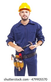 Young Worker Holding A Hammer, Isolated On White Background