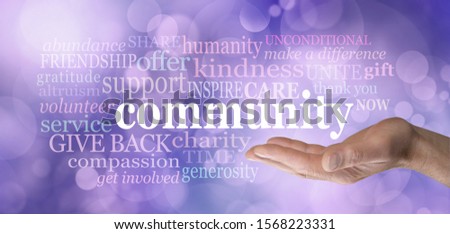  Your Community matters word tag cloud - male open palm hand with the word community floating above surrounded by a relevant word cloud on a purple bokeh background
                              