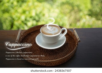 Your favorite morning cup of cappuccino coffee by the window, with the text: "Cappuccino is one of the coffee drinks that originated in Italy. It’s based on espresso and milk." - Powered by Shutterstock