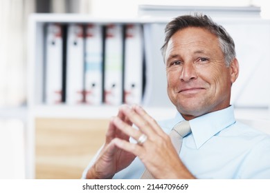 Your idea is brilliant. Portrait of a respected business manager sitting at his desk with steepled hands.