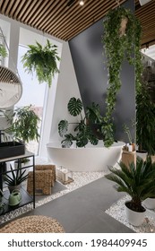 Your Own Oasis At Home. Cozy Bathroom In Urban Jungle Style With White Freestanding Tub, Different Tropical Plants, Natural Wooden And Wicker Decor. Bath In Hotel Room With Modern Interior Design