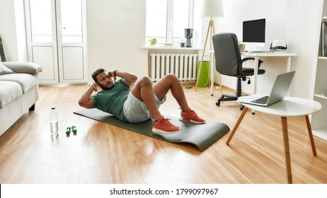 Your Personal Trainer. Male Fitness Instructor Showing Exercises While Streaming, Broadcasting Video Lesson On Training At Home Using Laptop. Sport, Online Gym Concept. Web Banner
