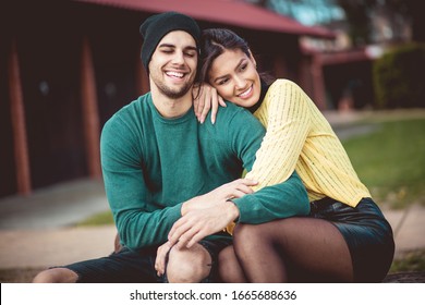 Your Shoulder Is My Pillow. Young Happy Couple In The Park.