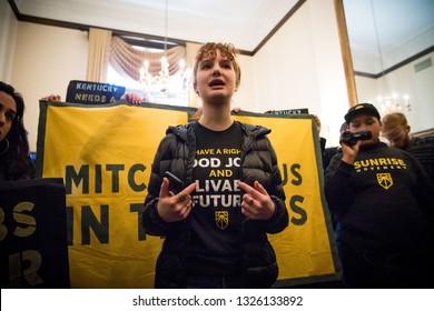 Youth Activists From Kentucky And Across The US Occupy The Office Of Senator Mitch McConnell In Protest Of His Attempts To Defeat The Green New Deal. Washington DC. USA. February 25, 2019