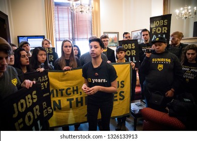 Youth Activists From Kentucky And Across The US Occupy The Office Of Senator Mitch McConnell In Protest Of His Attempts To Defeat The Green New Deal. Washington DC. USA. February 25, 2019