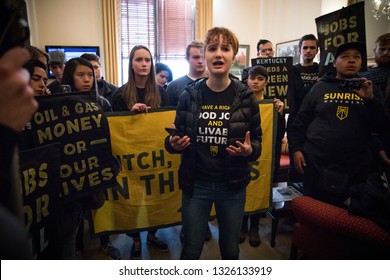 Youth Activists From Kentucky And Across The US Occupy The Office Of Senator Mitch McConnell In Protest Of His Attempts To Defeat The Green New Deal. Washington DC. USA. February 25, 2019