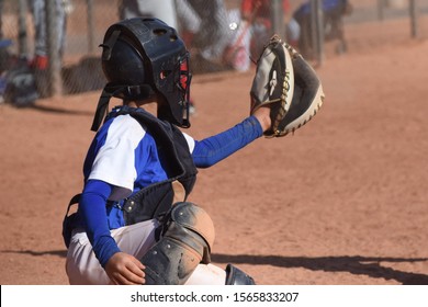 Youth Baseball Catcher With Mitt Catching Ball Wearing Blue And White Uniform With Black Catcher's Gear