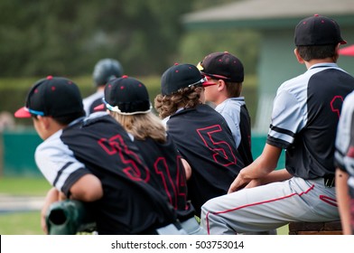 Youth baseball players behind the dugout fence during a game in black and grey uniforms.