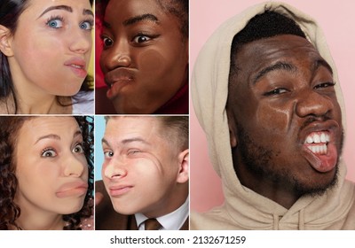 Youth. Close-up Faces Of Multiethnic Young Girls And Boys Crushed On Glass Isolated On Colored Background. Concept Of Human Emotions, Diversity. Models Leaning Against Glass