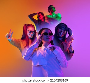 Youth. Collage of portraits of young emotional people on multicolored background in neon. Concept of human emotions, facial expression, sales. Smiling, charge with their energy. Flyer for ad, poster - Shutterstock ID 2154208169