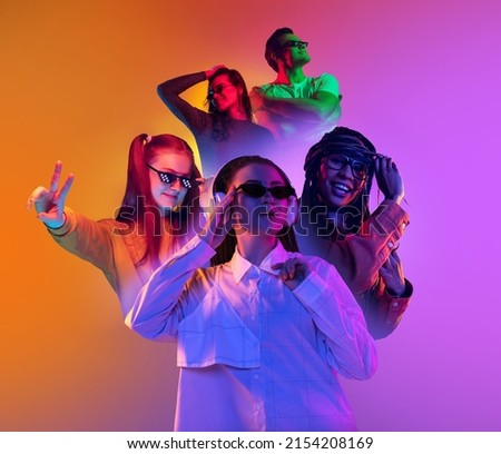 Youth. Collage of portraits of young emotional people on multicolored background in neon. Concept of human emotions, facial expression, sales. Smiling, charge with their energy. Flyer for ad, poster