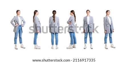 Youth fashion. Set of images of young girl wearing casual style clothes standing isolated over white background. Profile, front and back view. Horizontal flyer with copy space for ad, text