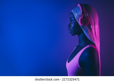 Youth Generation Millennial Girl With Straight White Hairdo Wig Listen New Hit Song Use Mew Technology Headset Look Side