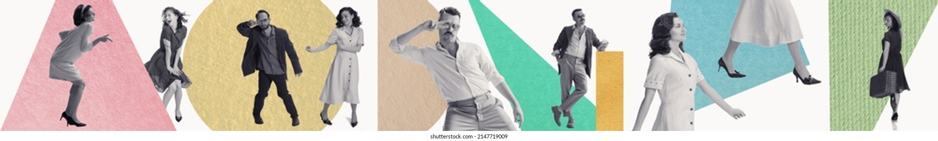 Youth and retro fashion. Contemporary art collage. Dancing men and women in retro 70s, 80s styled clothes over bright background with drawings. Concept of art, music, event, party, creativity. Flyer - Shutterstock ID 2147719009