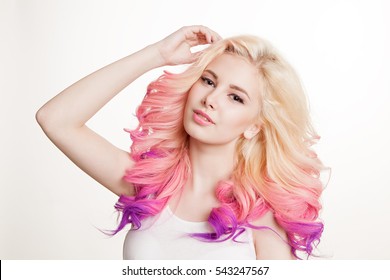 youth women and colored curly hair the white background  Beauty  Isolated  Studio  Gradient