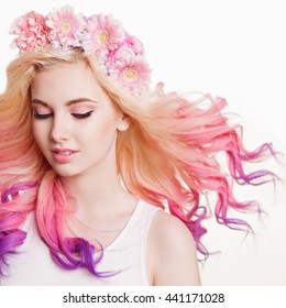 Youth women and curly colored hair   flowers  white   pink background  Beauty  Flying Hairs