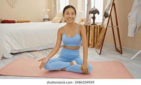 A youthful asian woman in a blue fitness outfit seated on a pink yoga mat in a stylish bedroom - Powered by Shutterstock