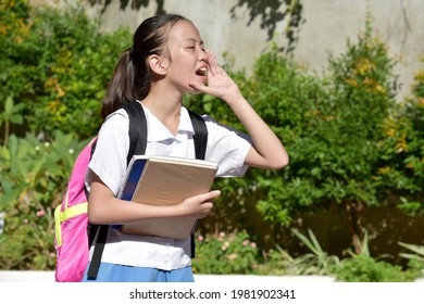 Youthful Diverse Girl Student Shouting Wearing Bookbag With Textbooks