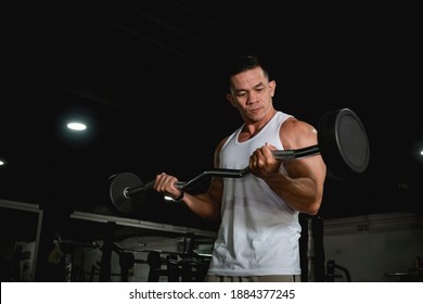 A Youthful And Muscular Asian Man In A White Tank Top Does Some Barbell Curls At The Gym. An Active 40 Year Old With Healthy Lifestyle.