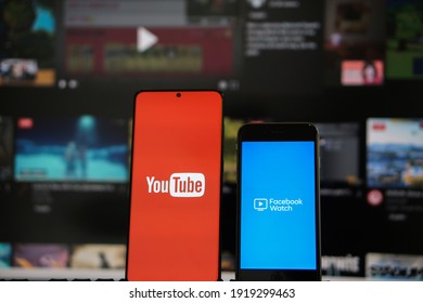 Youtube and Facebook watch Logo on Phone. Bangkok, Thailand 24 January 2021