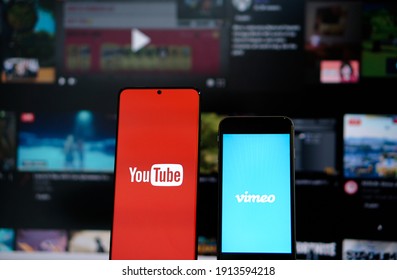 Youtube and Vimeo on Phone. Bangkok, Thailand 24 January 2021