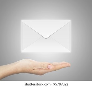 You've Got Mail Envelope. Human Hand Serving Mail Icon On Grey Background