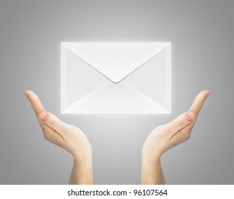 You've Got Mail Envelope. Human Hand Serving Mail Icon On Grey Background