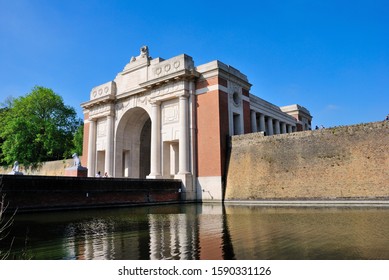 Ypres, Belgium - May 25, 2019 - The Menin Gate and memorial for the missing of Commonwealth nations who died in the Ypres Salient during the First World War in Ypres town center