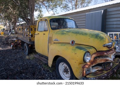 Yucaipa, California, April 14, 2022: Vintage Chevy Chevrolet Cargo Truck At A Antique Bazaar