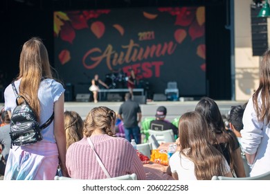 Yucaipa, California, October 9, 2021: A Community Harvest Festival With A Community Dance Recital Being Watched By An Audience