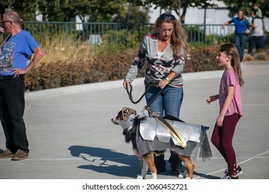 Yucaipa, California, October 9, 2021: A Community Harvest Festival With A Family Dog Dressed In A Costume For A Costume Contest