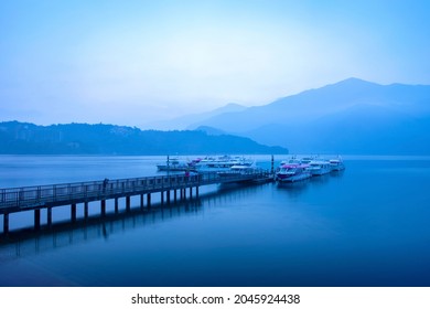 Yuchi Township, Nantou County, Taiwan, September 20, 2021: View of Sun Moon Lake at The Zhaowu Pier.
