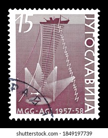 YUGOSLAVIA - CIRCA 1958 : Cancelled Postage Stamp Printed By Yugoslavia, That Shows Ship In Deep Sea Research, Circa 1958.