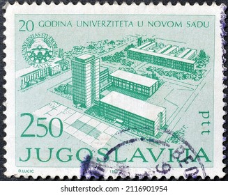 Yugoslavia - Circa 1980 : Cancelled Postage Stamp Printed By Yugoslavia, That Shows University Novi Sad, 20th Anniversary, Circa 1980.