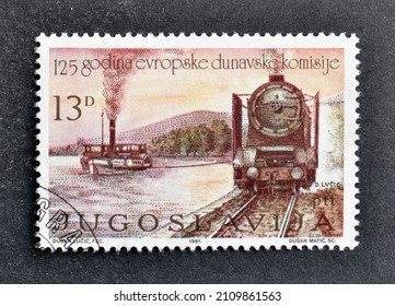 Yugoslavia - circa 1981 : Cancelled postage stamp printed by Yugoslavia, that shows Barge Ship, 125th Anniversary of the European Danube Commission, circa 1981.