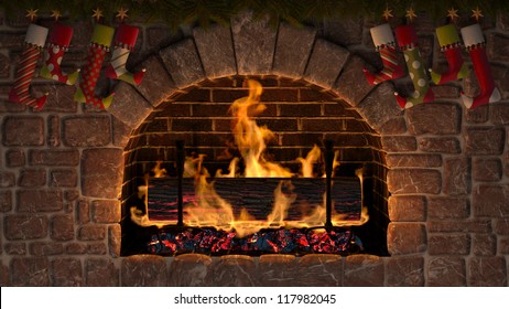Yule Log In Fireplace Decorated With Christmas Stockings.