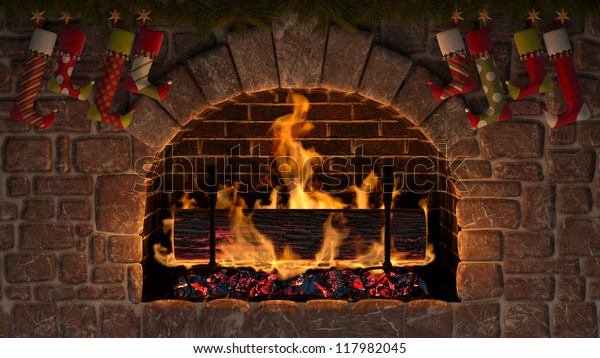 Yule Log Fireplace Decorated Christmas Stockings Stock Image