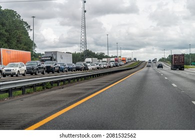 Yulee, USA - July 6, 2021: Interstate Highway I95 Driving Car Pov Near Jacksonville, Florida And Traffic Jam Of Many Trucks Vehicles Stuck Due To Accident On Road